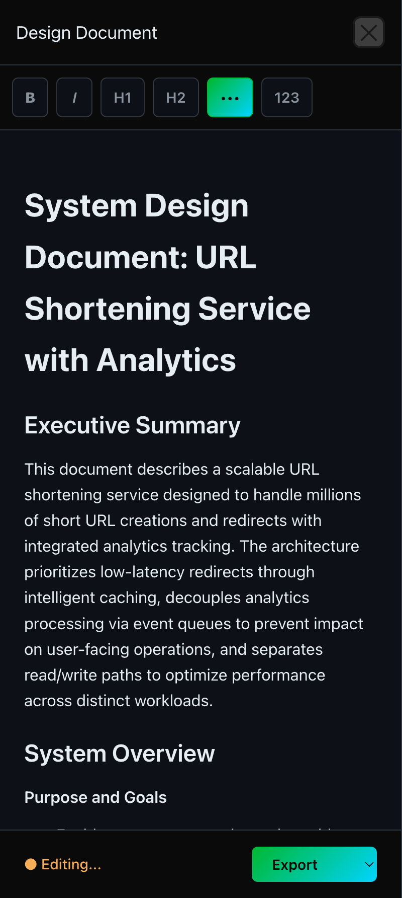 Full design document panel with structured sections