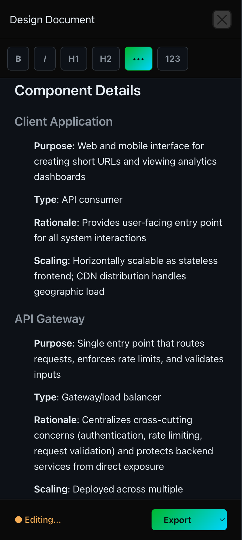 Component Details section with Purpose, Type, Rationale, and Scaling for each component
