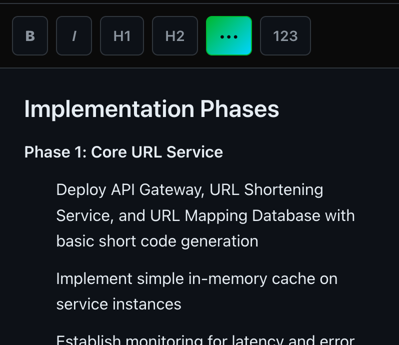 Rich text editor toolbar with Bold, Italic, H1, H2, list, and number controls