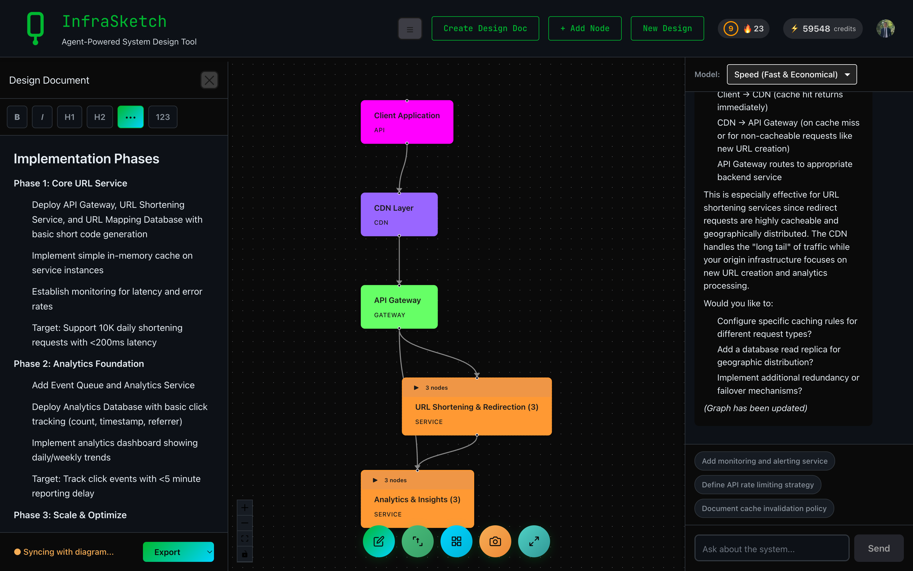 Full InfraSketch workspace with diagram, design doc, and auto-sync indicator