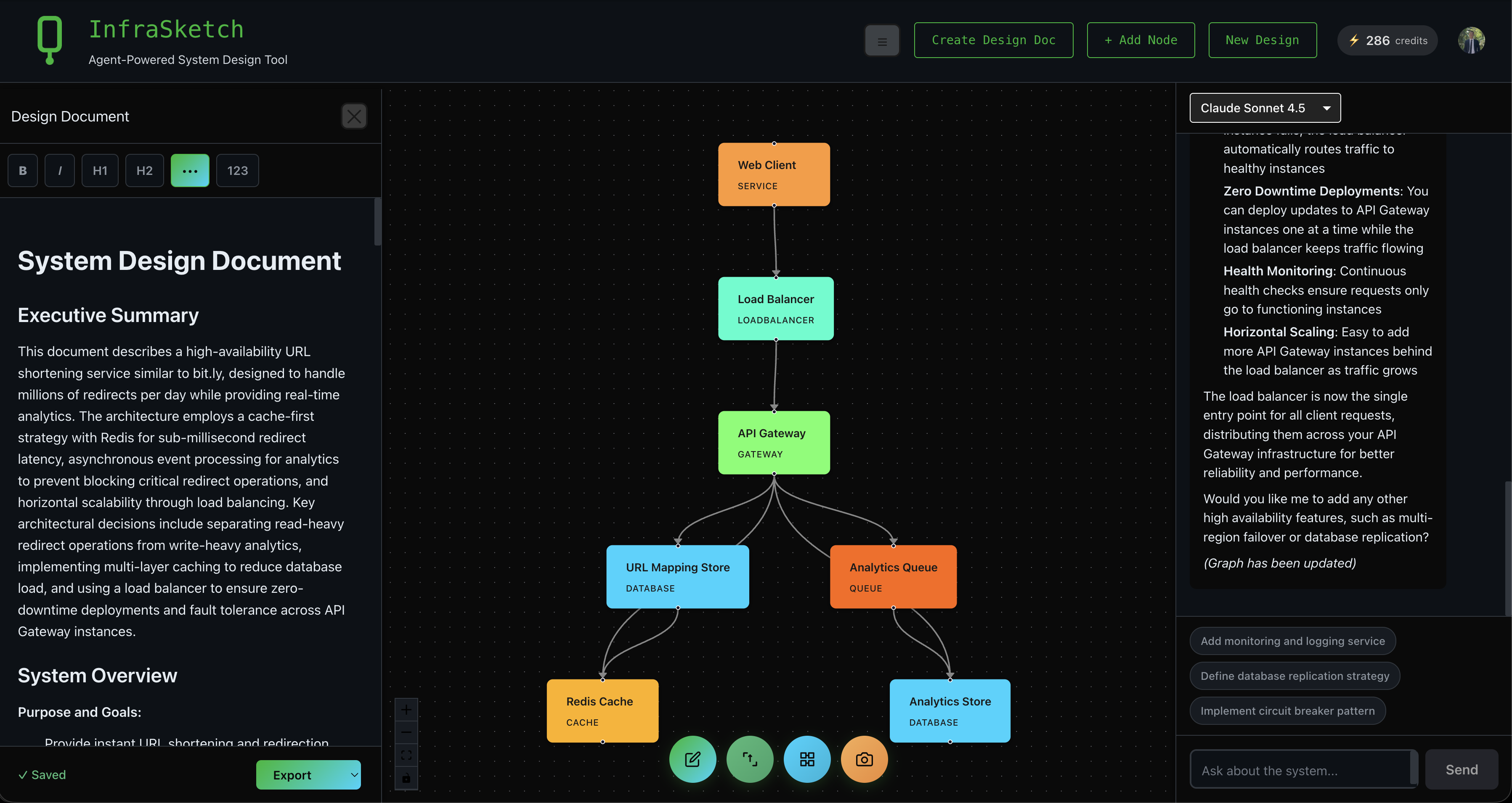 Full application view with diagram, chat, and design doc